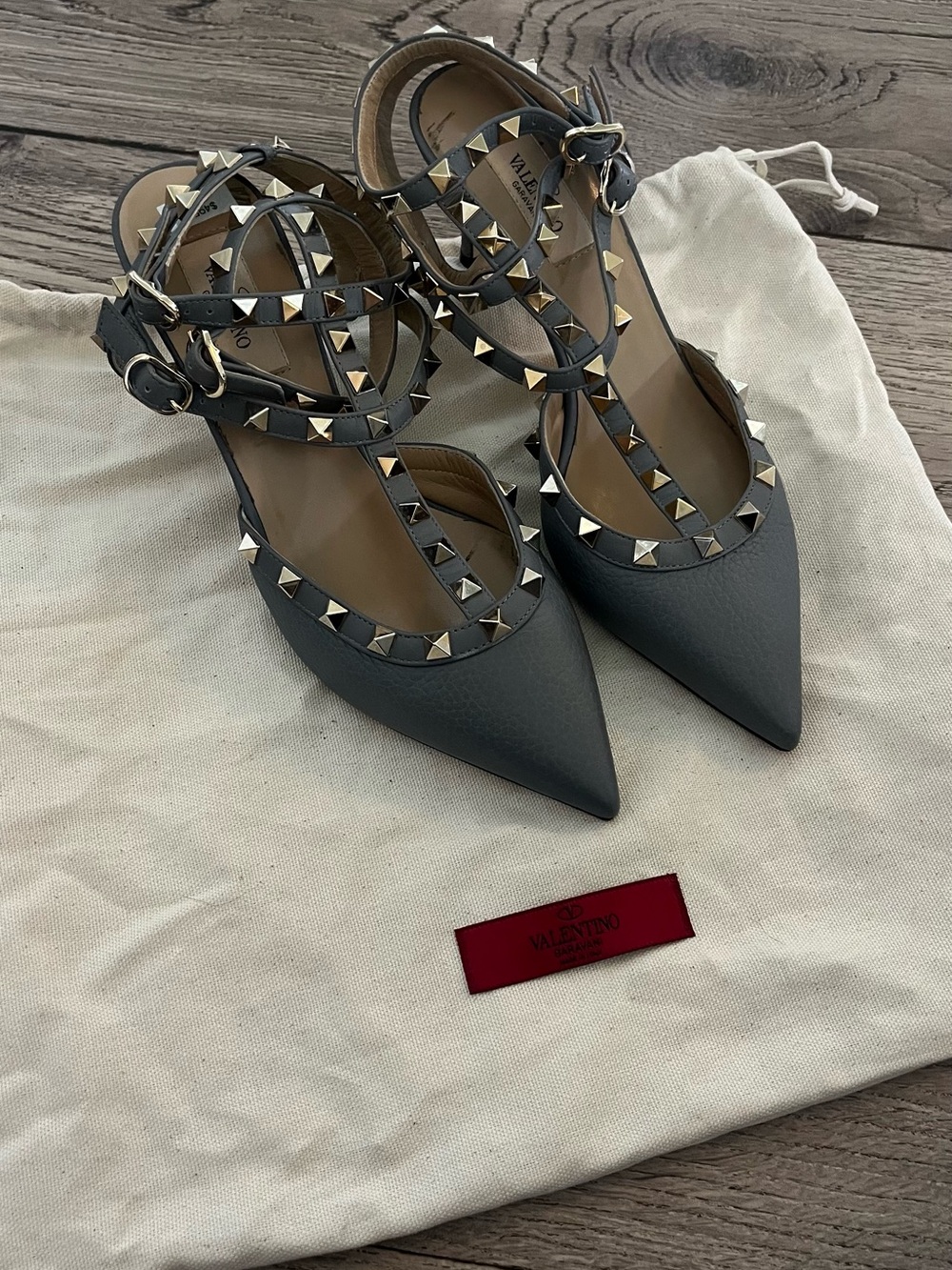 Valentino Black Leather Rockstud Pointed T-Strap Heels